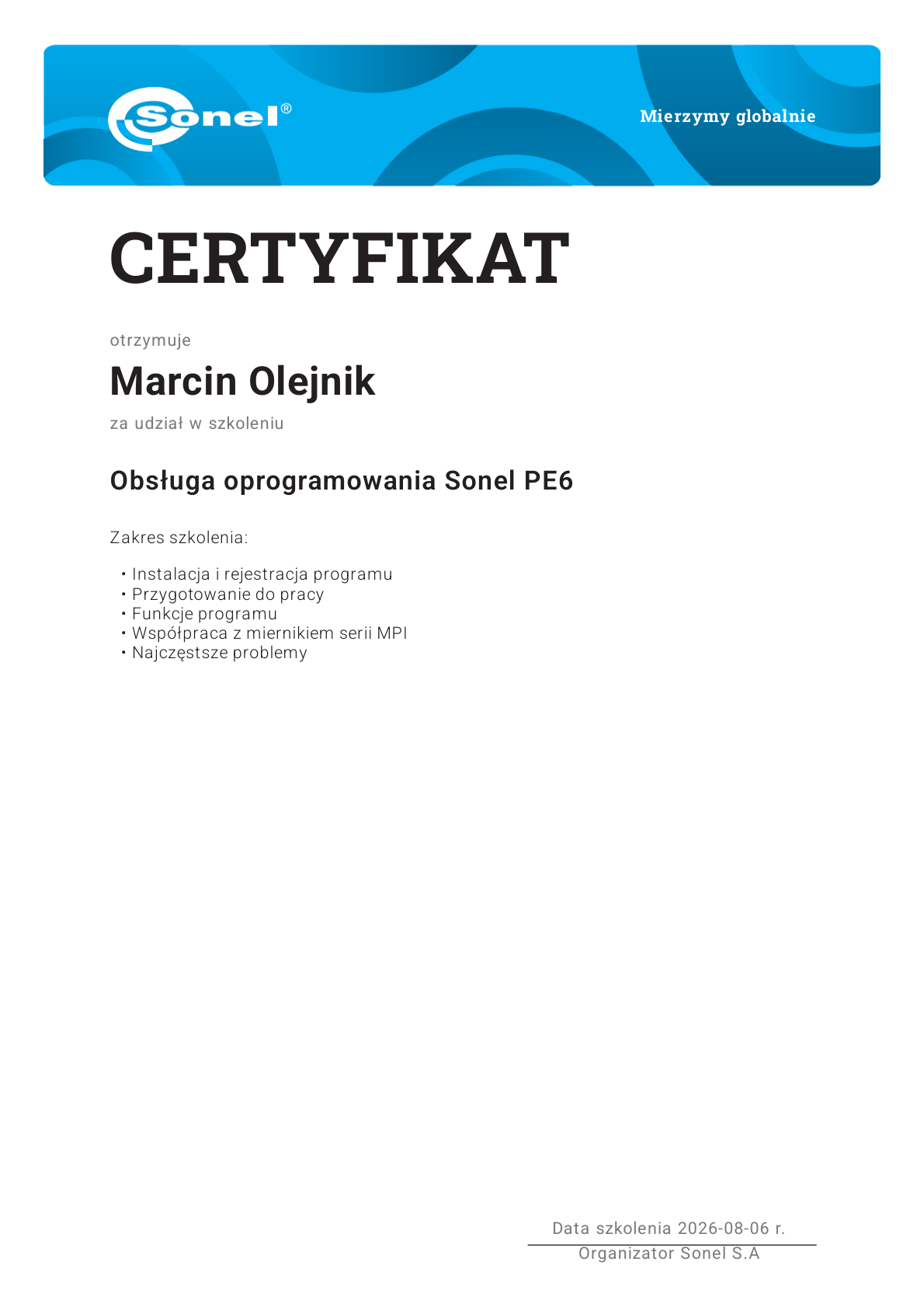 Certyfikat szkolenia z obsługi oprogramowania SONEL PE6 dla Marcina Olejnika
